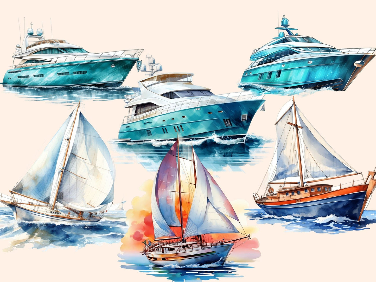 Yachts Watercolor Clipart - High - Quality Instant Digital Download for Creative Projects