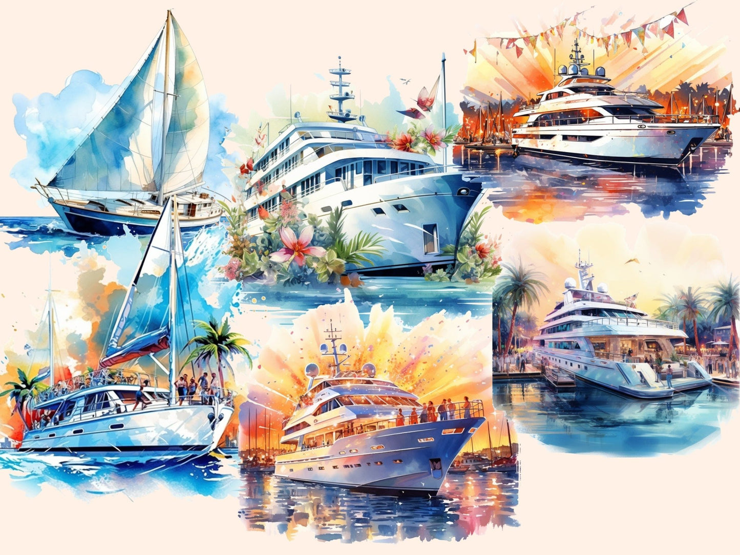 Yachts Watercolor Clipart - High - Quality Instant Digital Download for Creative Projects