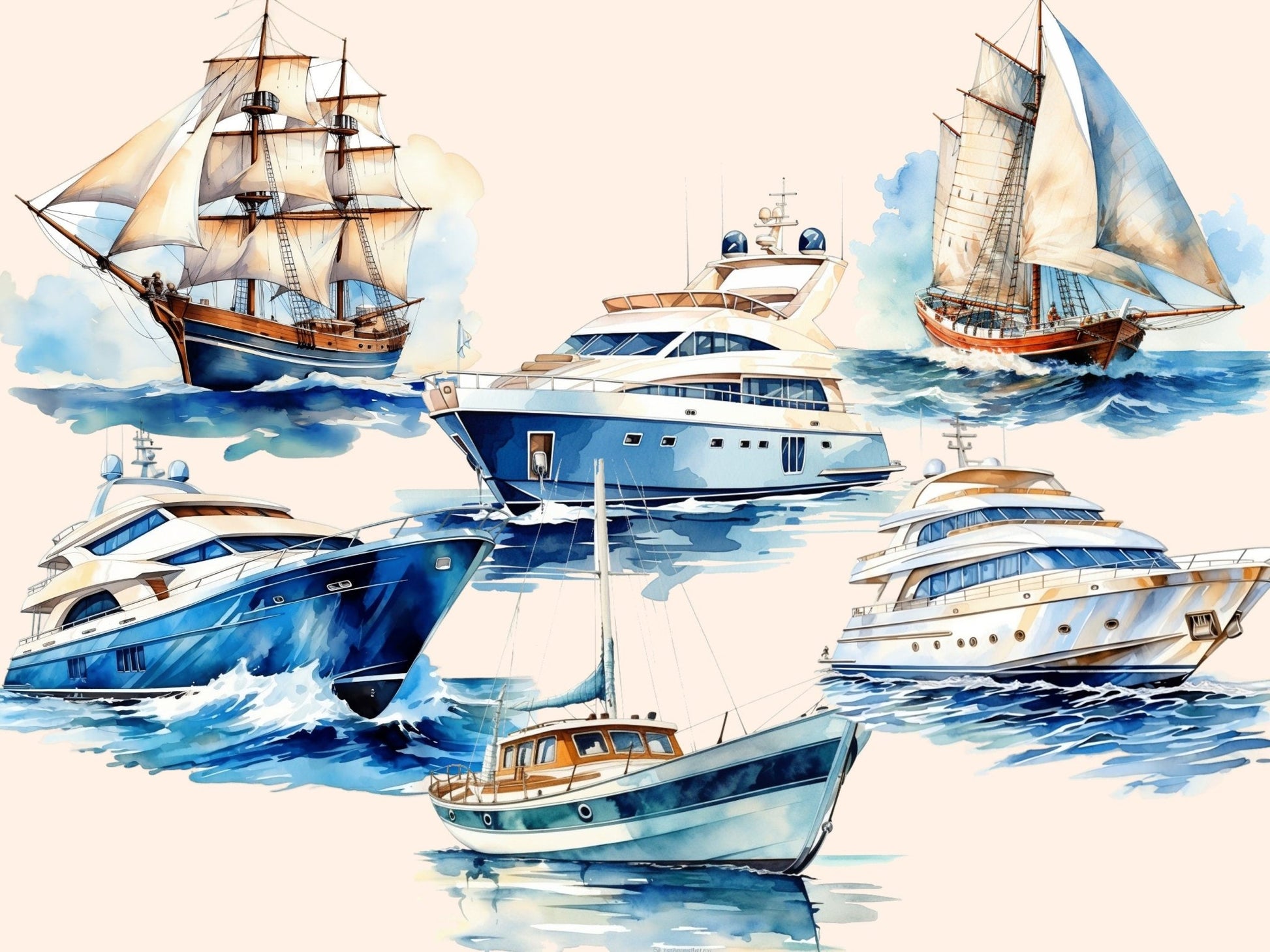 Yachts Watercolor Clipart - High - Quality Instant Digital Download for Creative Projects