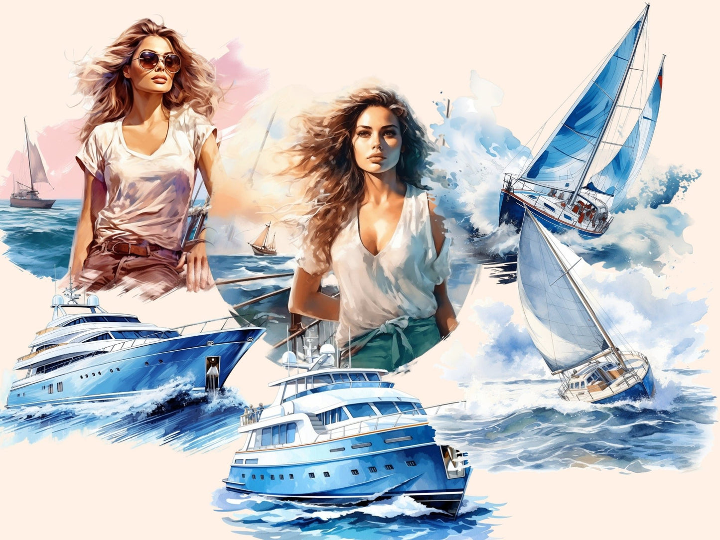 Yachts Watercolor Clipart - High - Quality Instant Digital Download for Creative Projects