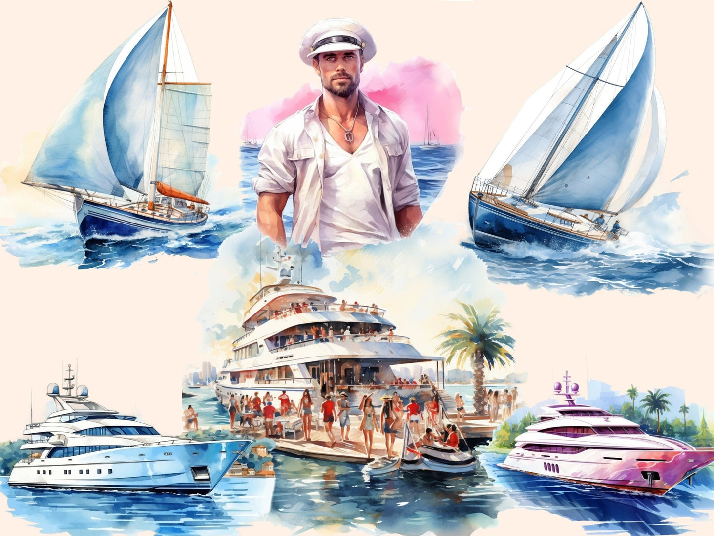 Yachts Watercolor Clipart - High - Quality Instant Digital Download for Creative Projects