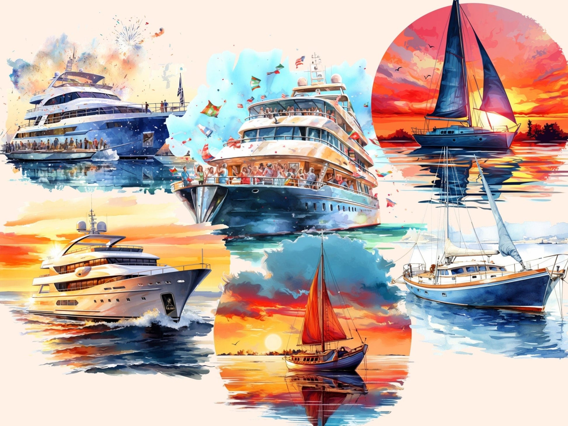 Yachts Watercolor Clipart - High - Quality Instant Digital Download for Creative Projects