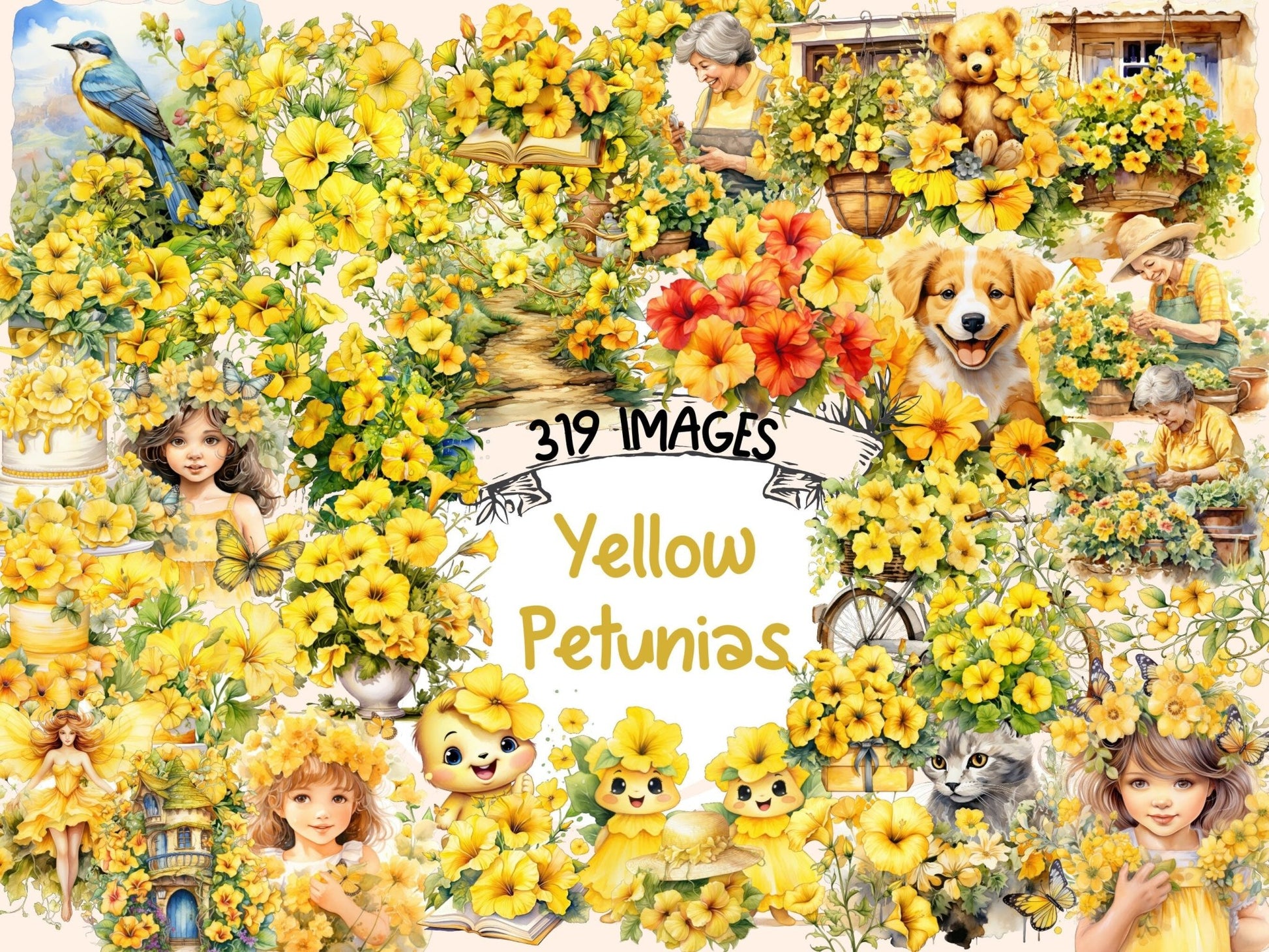 Yellow Petunias Watercolor Clipart - High - Quality Instant Digital Download for Creative Projects