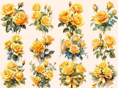 Yellow Roses Watercolor Clipart - High - Quality Instant Digital Download for Creative Projects