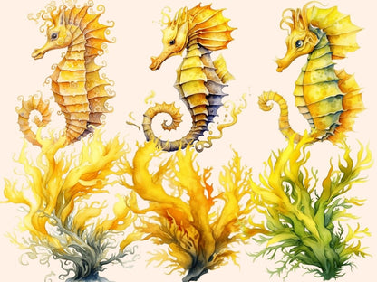Yellow Seahorses Watercolor Clipart nautical nursery - Wonders Artist