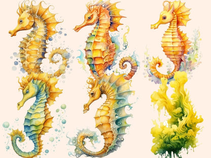 Yellow Seahorses Watercolor Clipart nautical nursery - Wonders Artist