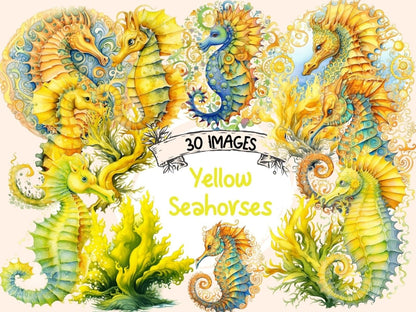 Yellow Seahorses Watercolor Clipart nautical nursery - Wonders Artist